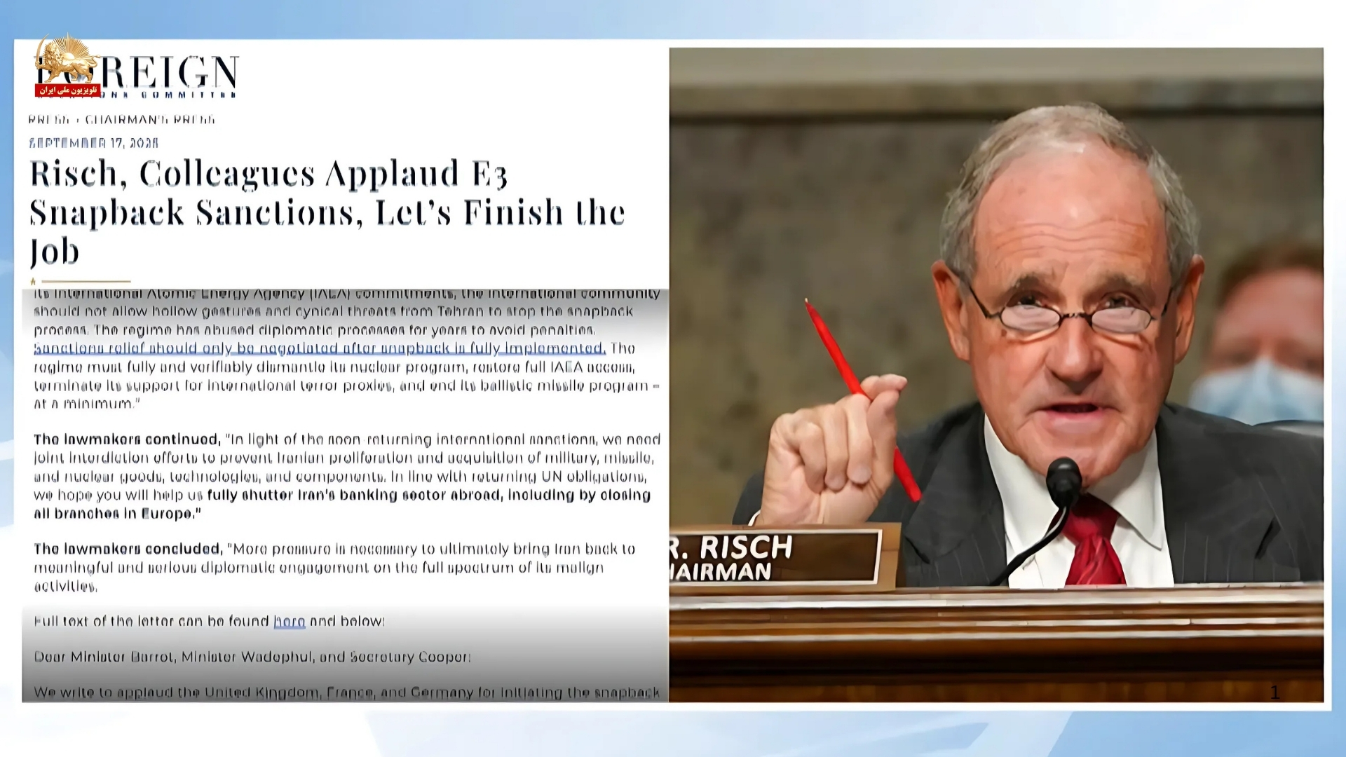 رئیس کمیته خارجی سنا، جیم ریش، به همراه ۴۹ سناتور دیگربر فشار حداکثری بر رژیم آخوندی تأکید کرد